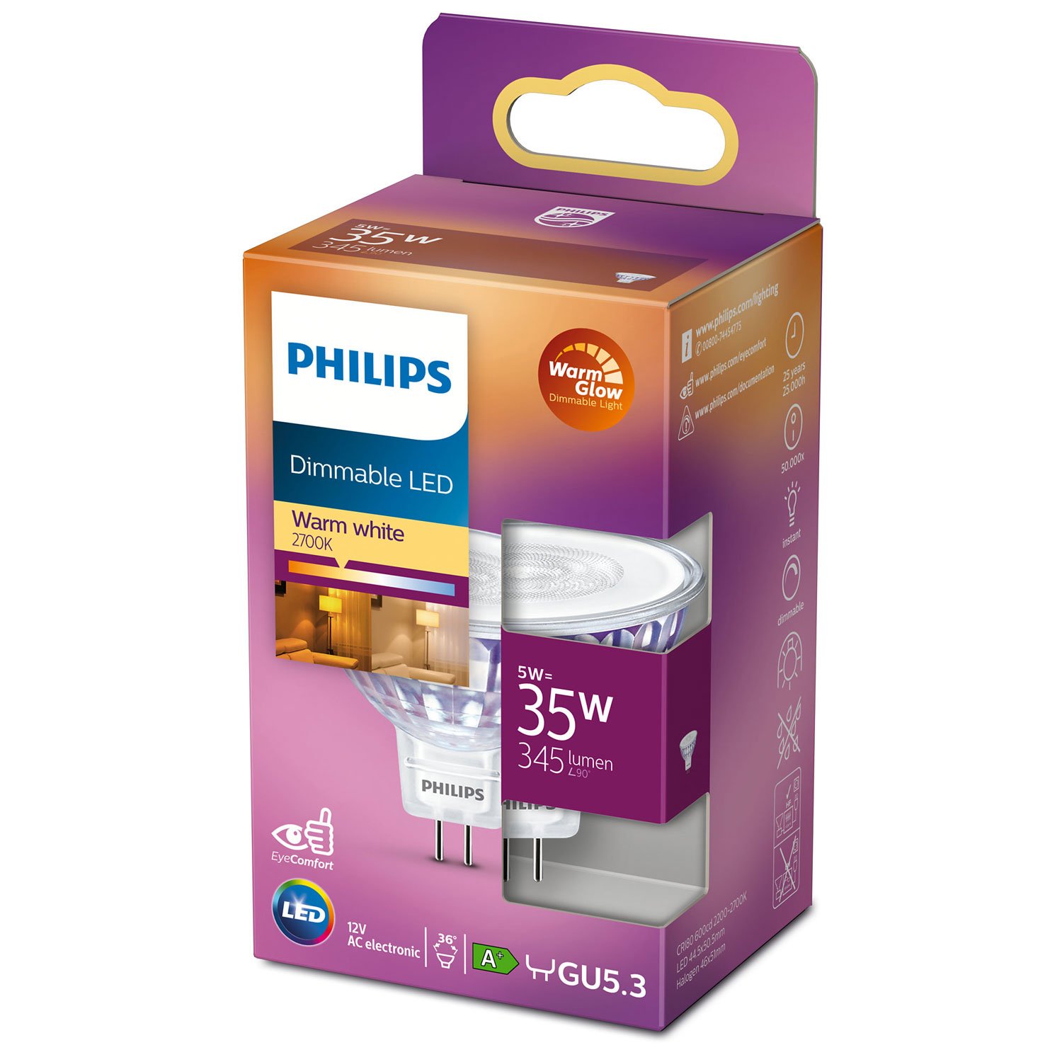 Philips LED GU5.3 Spot 35W 12V Dimbar WarmGlow 345lm