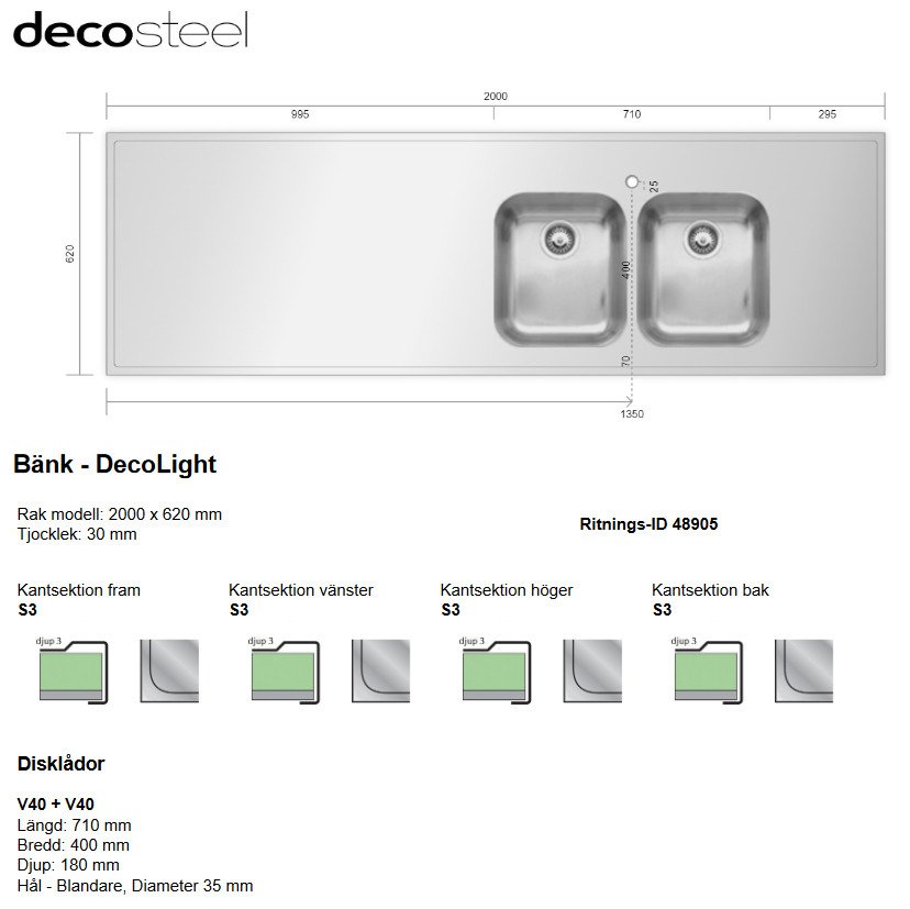 Decosteel DecoLight diskbänk måttanpassad 48905