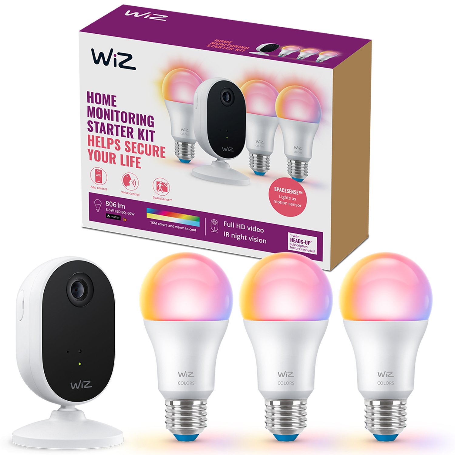 Läs mer om WiZ Startkit Övervakning och belysning Kamera + 3x Smart LED E27 Färg