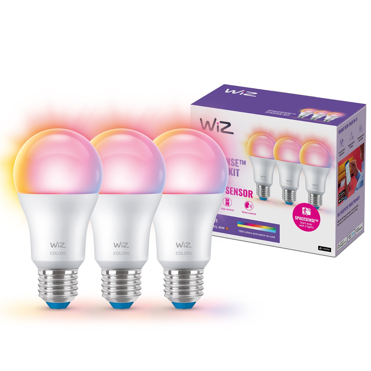 Läs mer om WiZ WiFi Smart LED E27 60W Färg + Varm-kallvit 3-pack