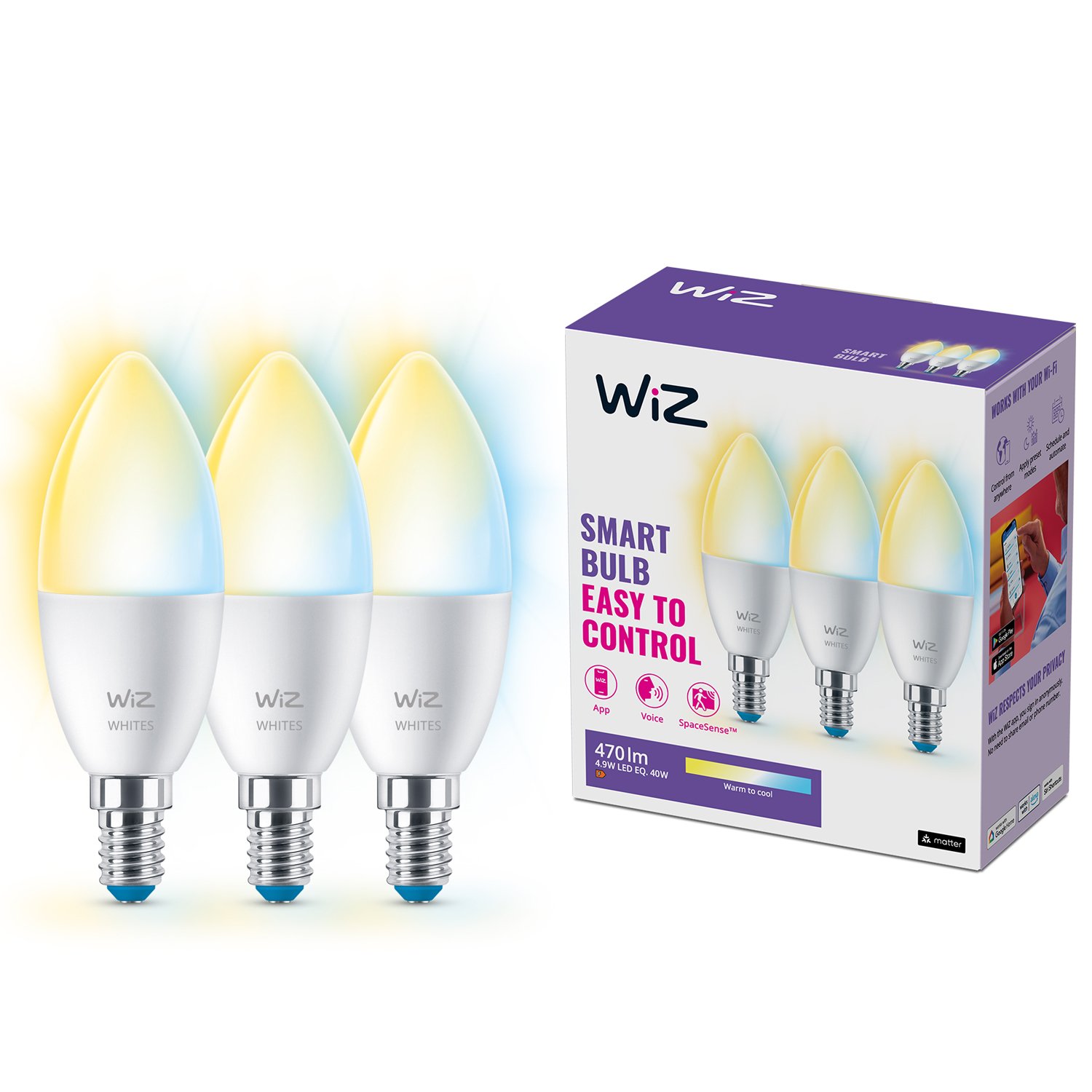 Läs mer om WiZ WiFi Smart LED E14 Kron 40W Varm-kallvit 470 lm 3 pack