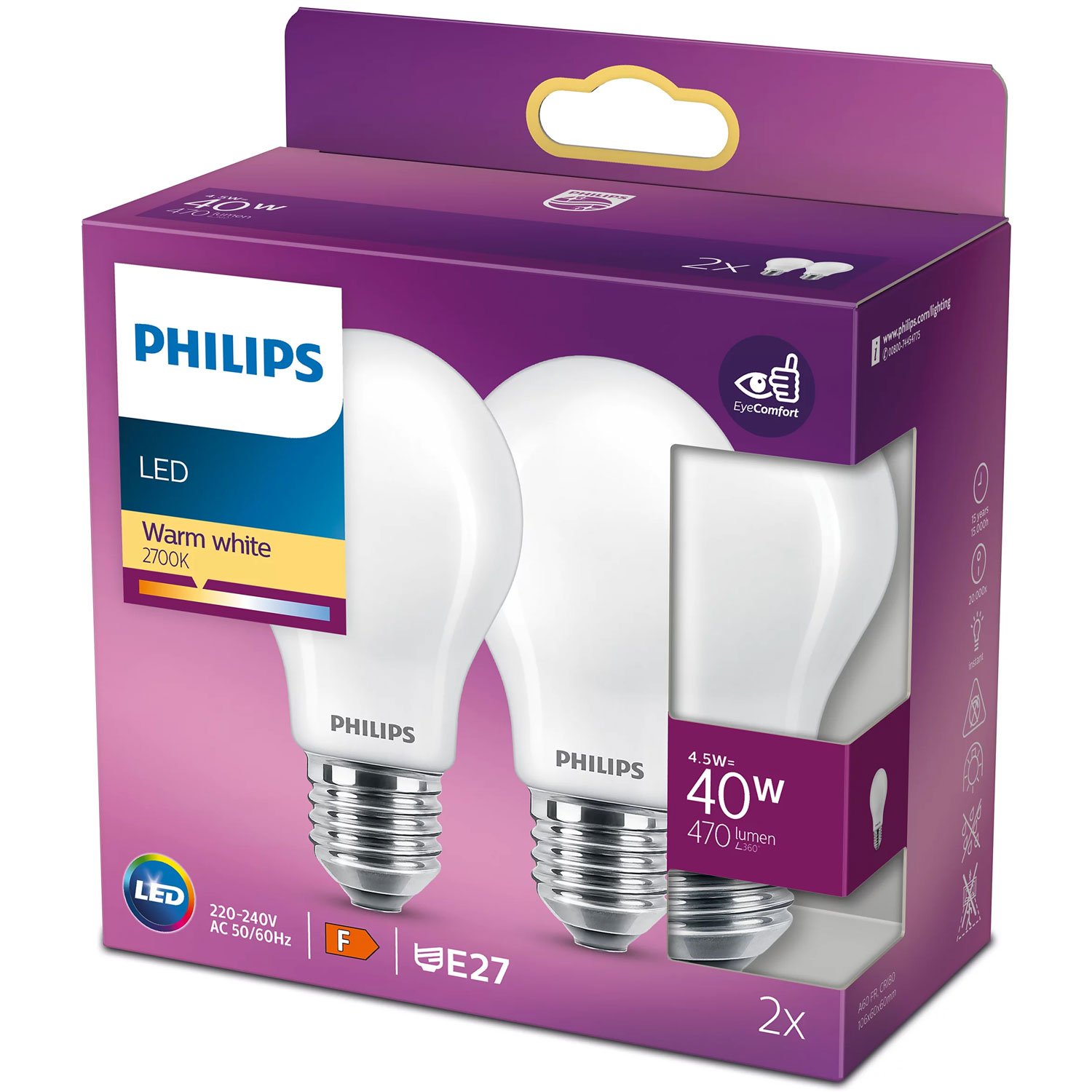 Philips 2-pack LED E27 Normal 40W Frost 470lm