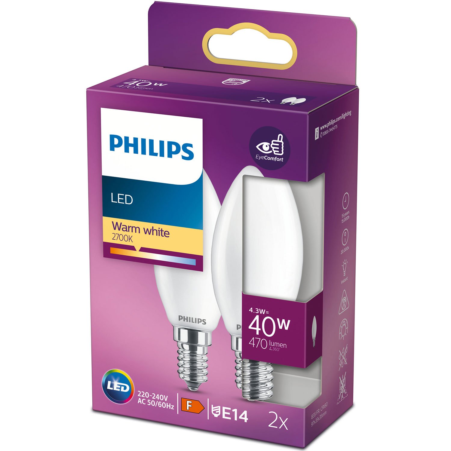Läs mer om Philips 2-pack LED E14 Kron 40W Frost 470lm