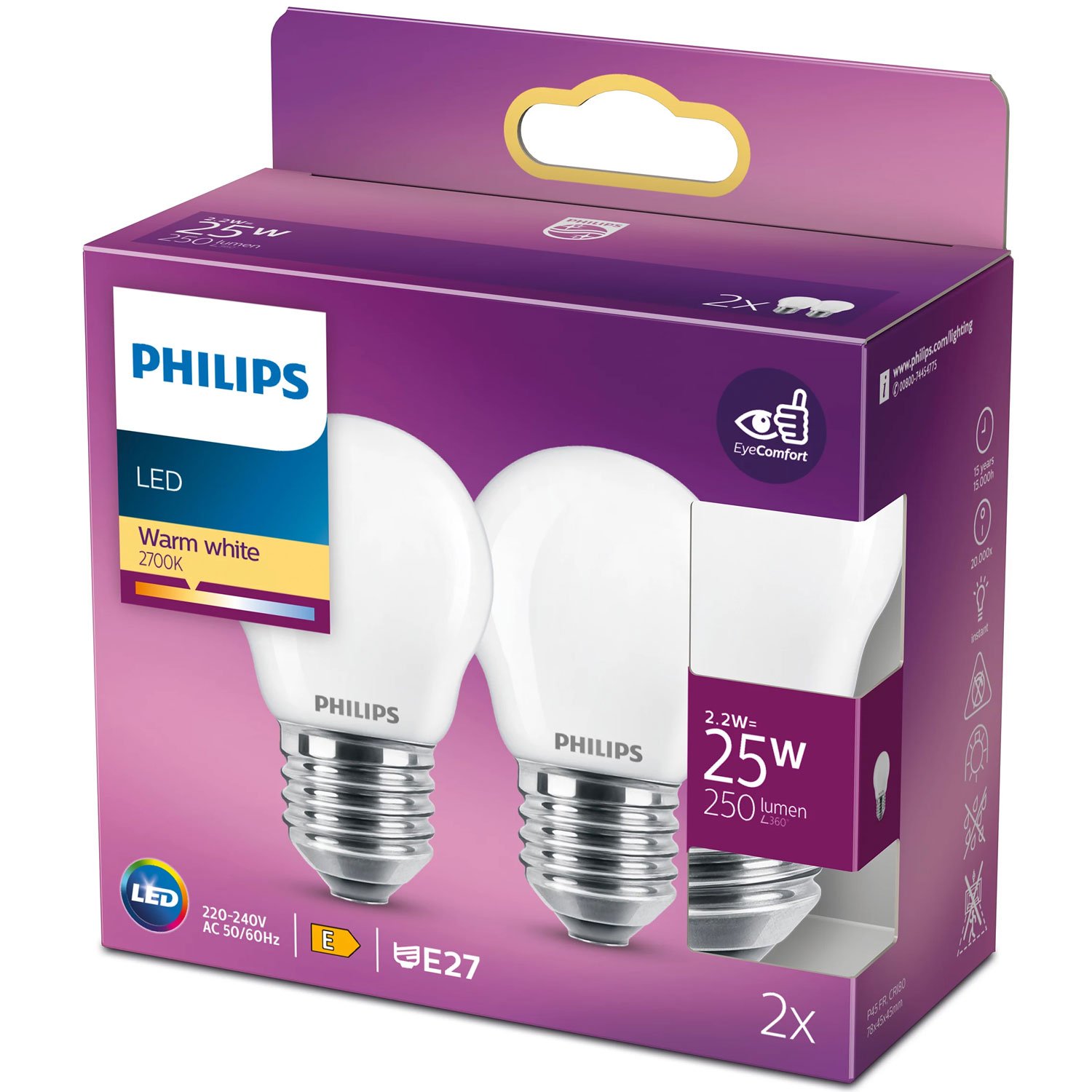 Philips 2-pack LED E27 P45 Klot 25W Frost 250lm