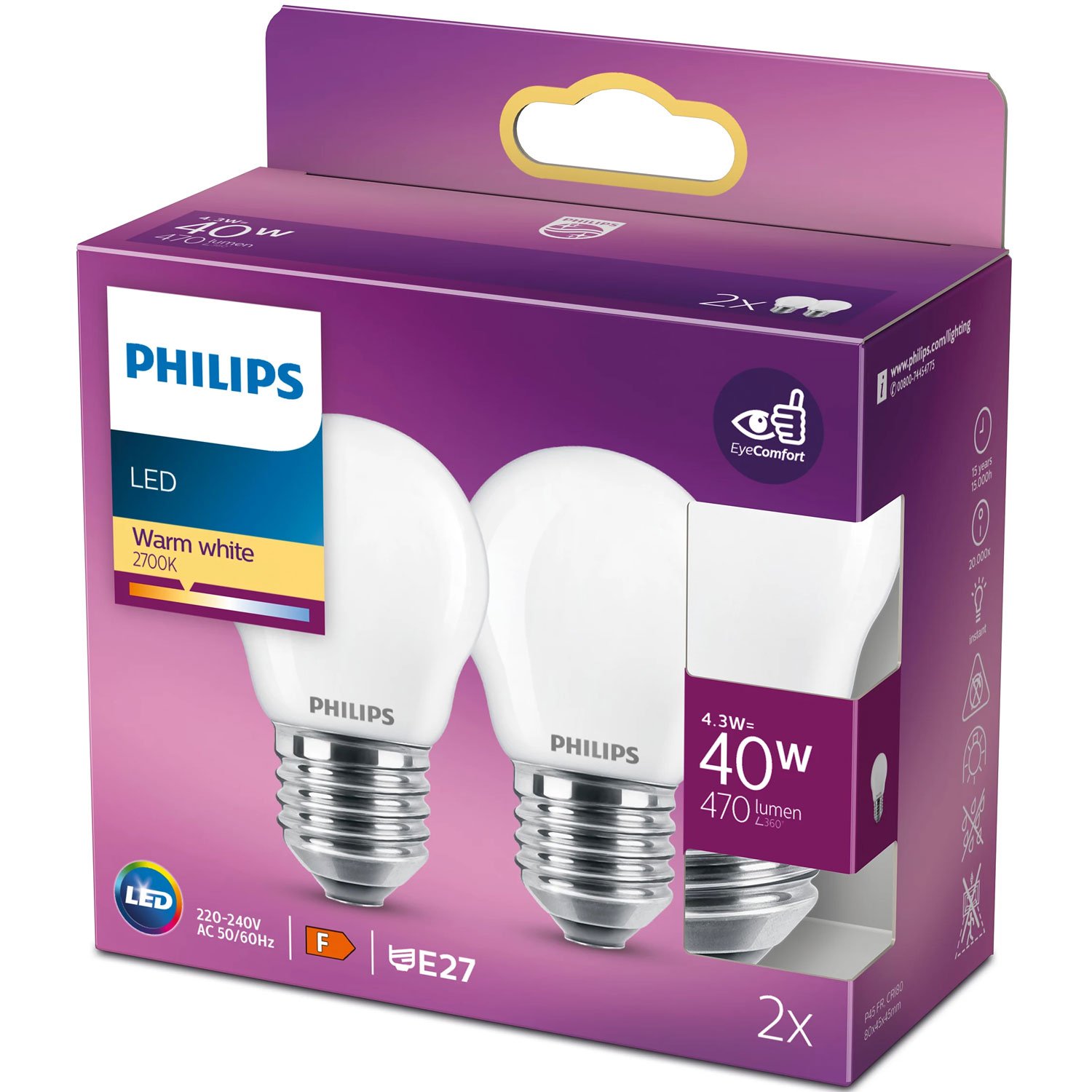 Läs mer om Philips 2-pack LED E27 P45 Klot 40W Frost 470lm