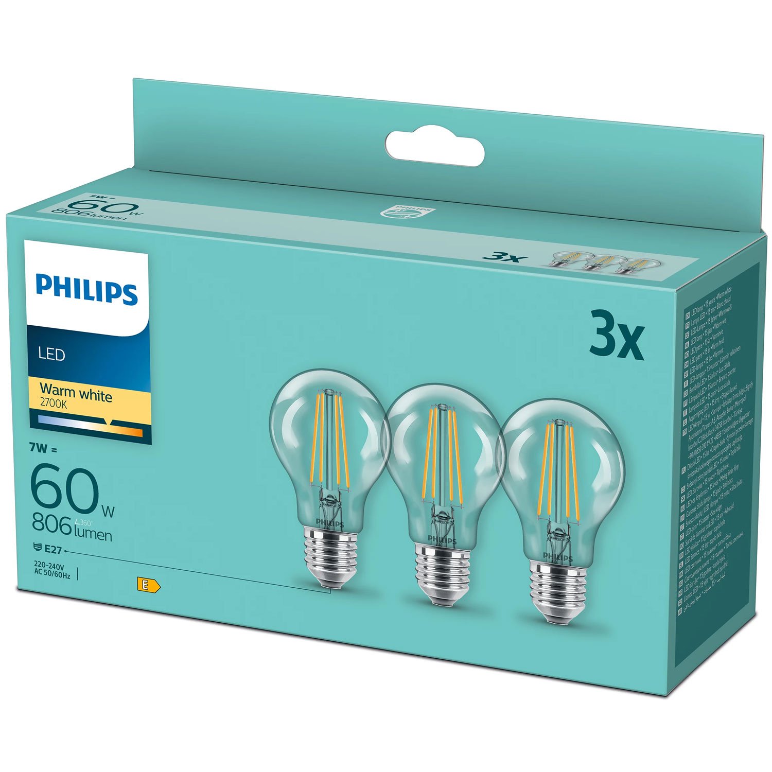Philips 3-pack LED E27 Normal Klar 60W 806lm