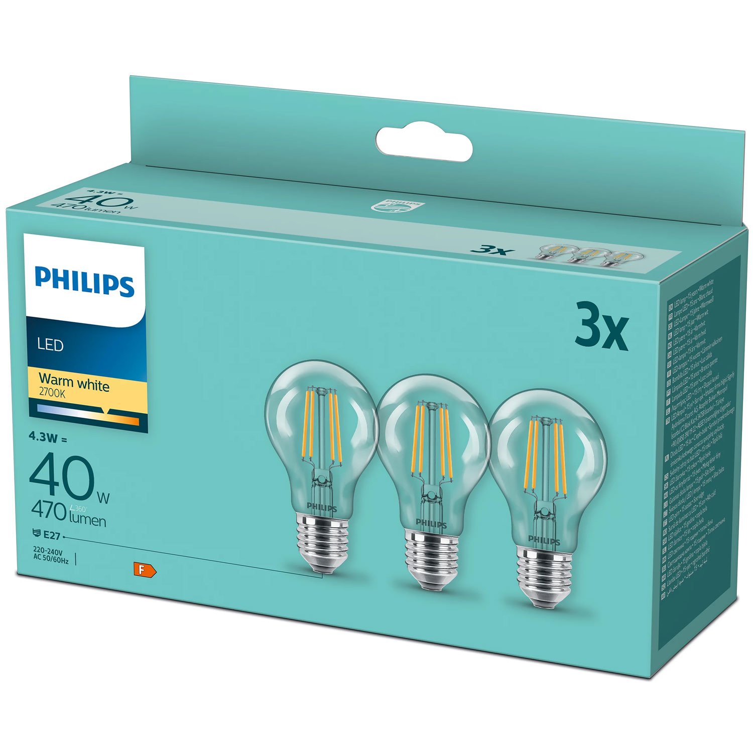 Läs mer om Philips 3-pack LED E27 Normal Klar 40W 470lm