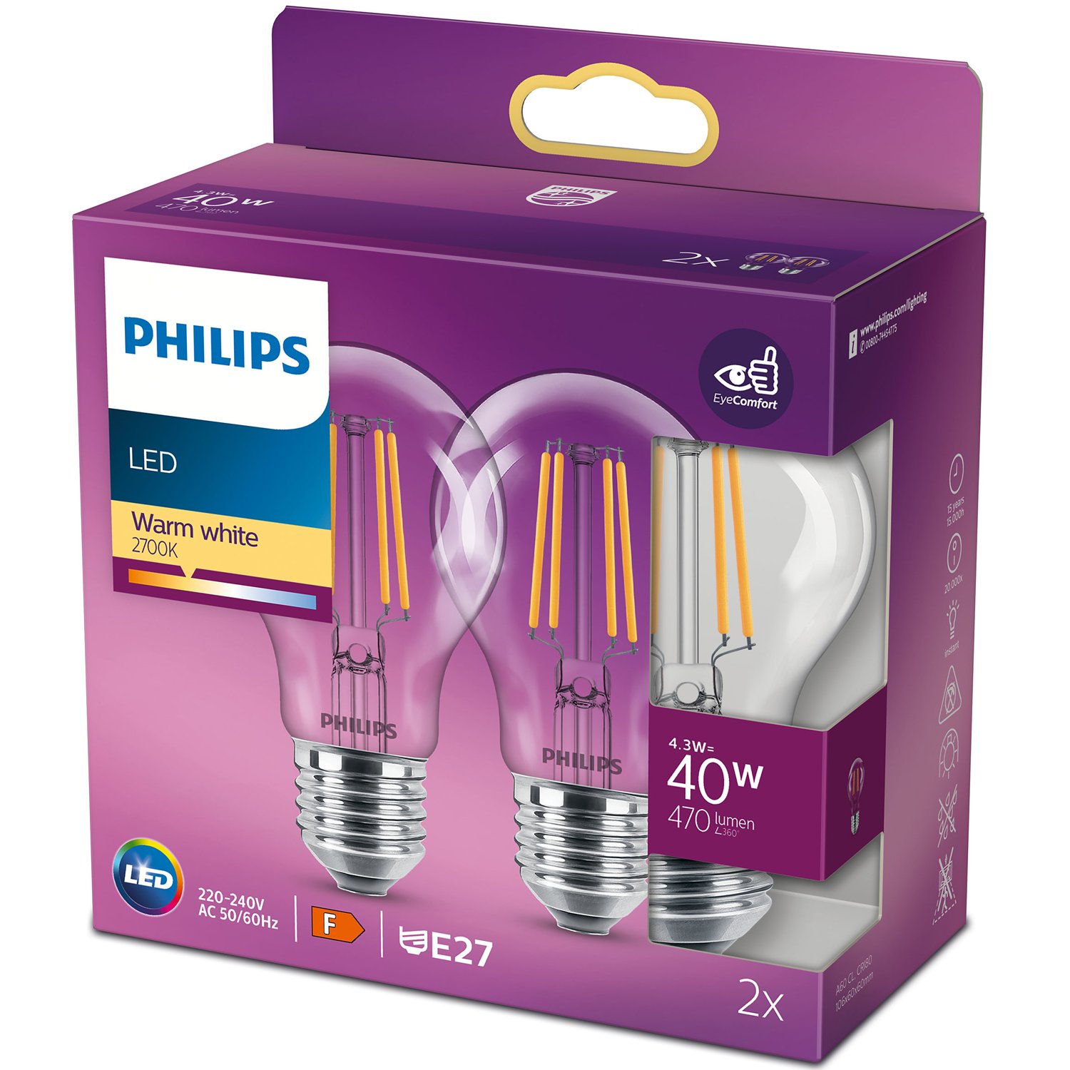 Läs mer om Philips 2-pack LED E27 Normal 4,3W