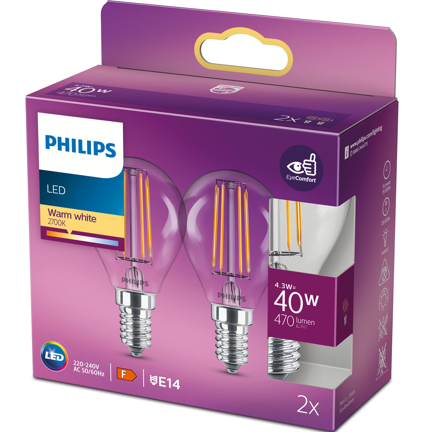 Läs mer om Philips 2-pack LED E14 Klot 4,3W