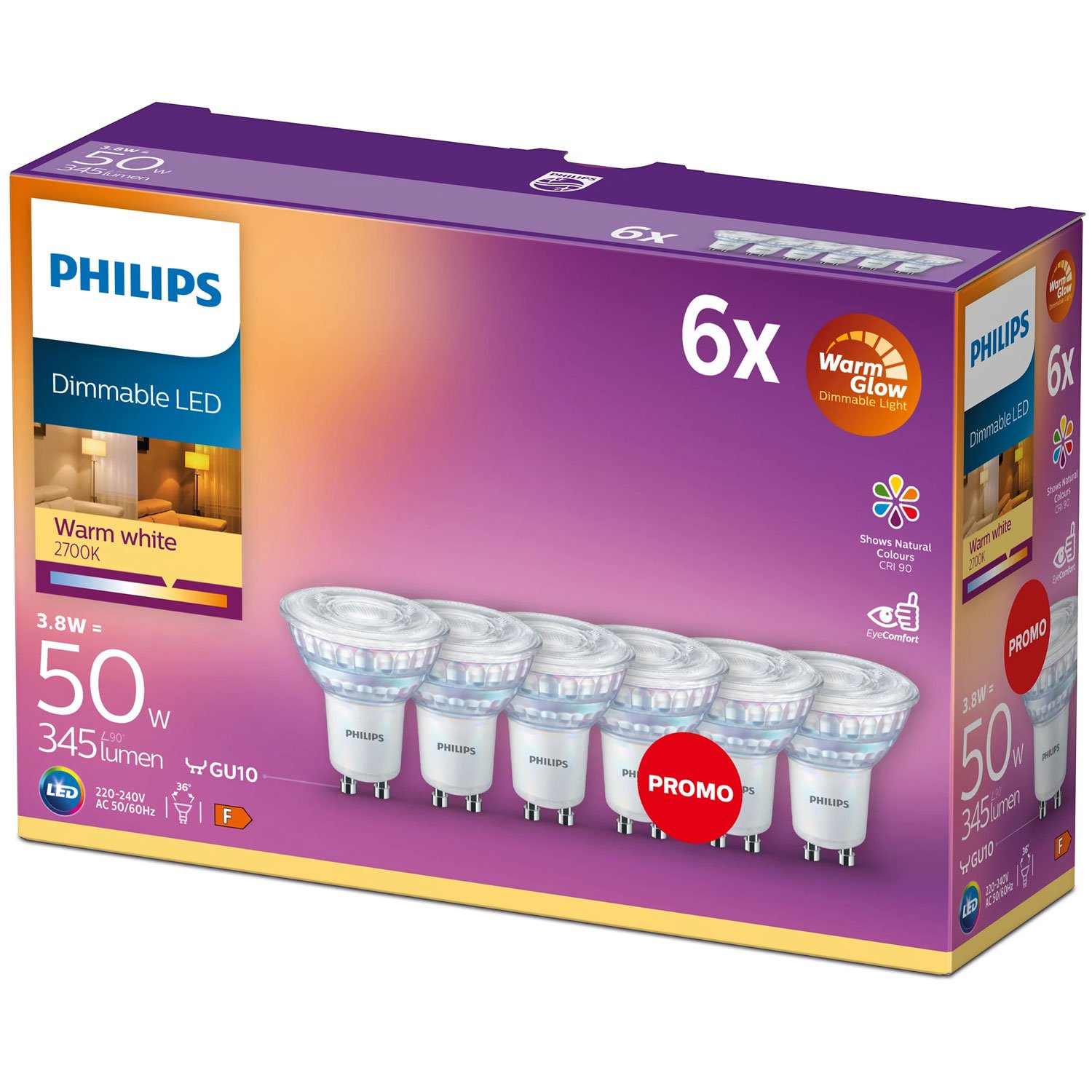Läs mer om Philips 6-pack LED GU10 50W Dimbar WarmGlow