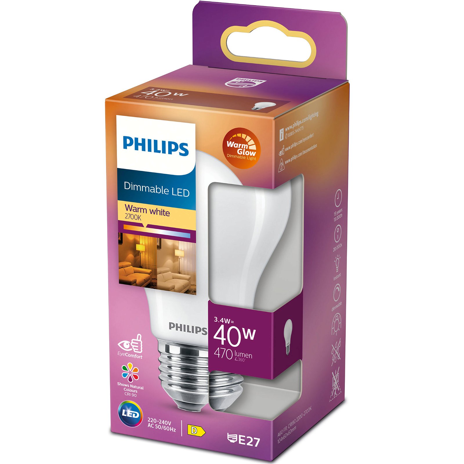 Läs mer om Philips LED E27 Normal 40W Frost Dimbar WarmGl 470lm
