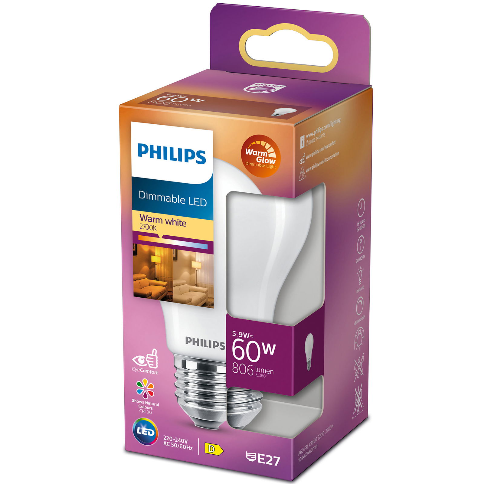 Läs mer om Philips LED E27 Normal 60W Frost Dimbar WarmGl 806lm