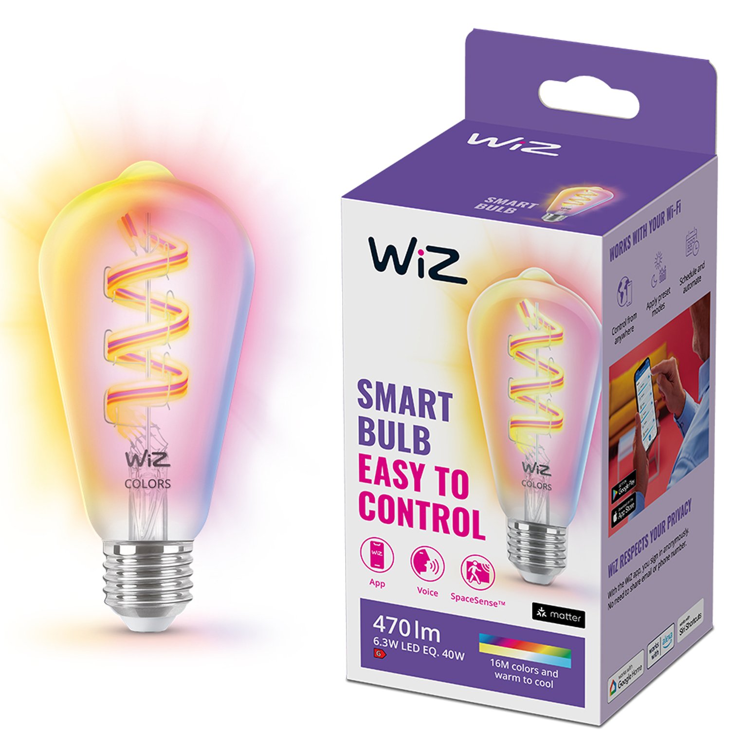 Läs mer om WiZ WiFi Smart LED E27 ST64 40W Filament Färg + Varm-kallvit 470lm