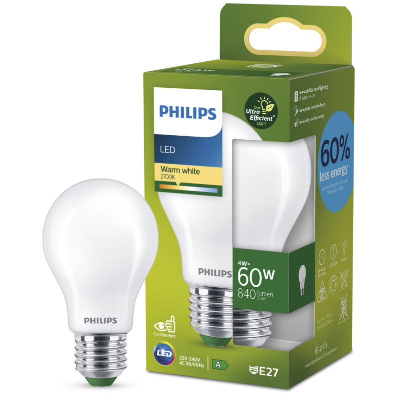 Philips Led E27 Normal 4w 60w Frostad 840lm 2700k Energiklass A