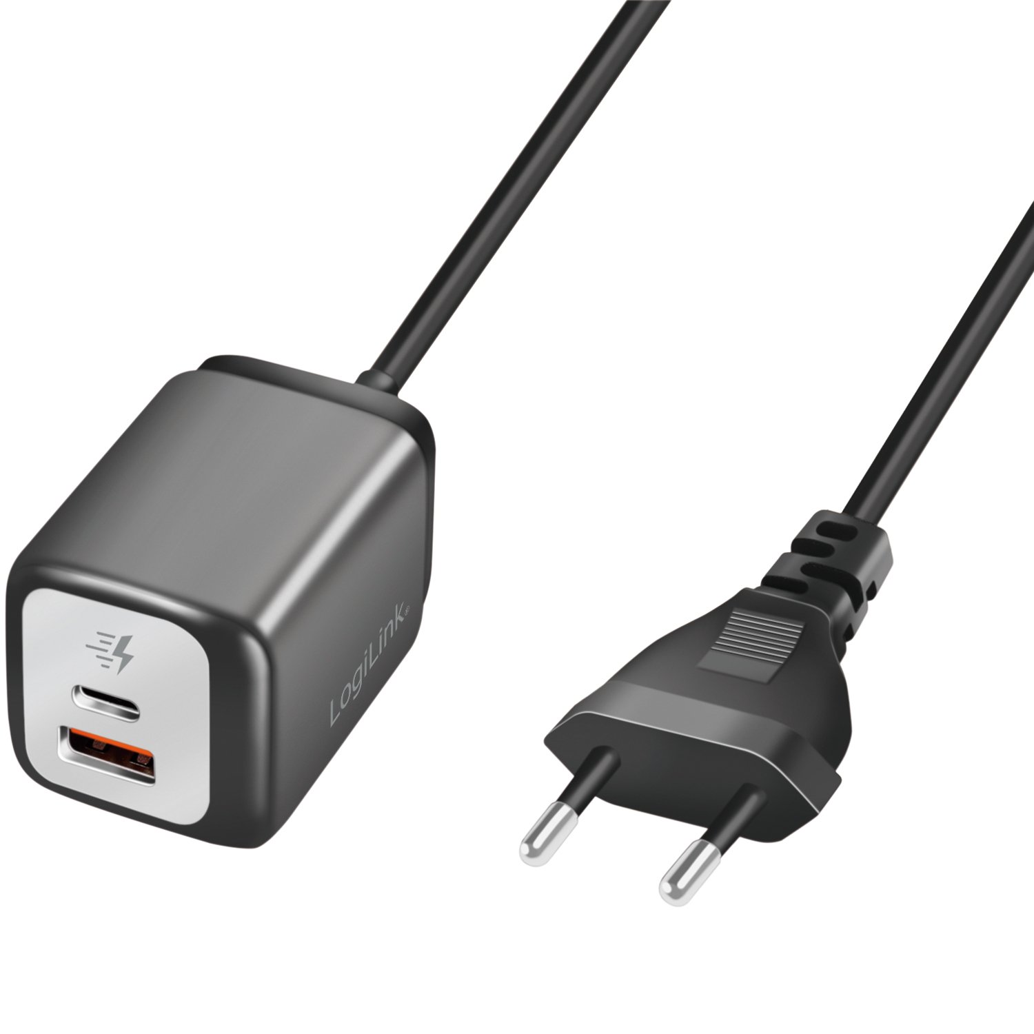 Läs mer om LogiLink USB-laddare 1xUSB-A + 1xUSB-C med fast kabel 1,5m GaN 30W