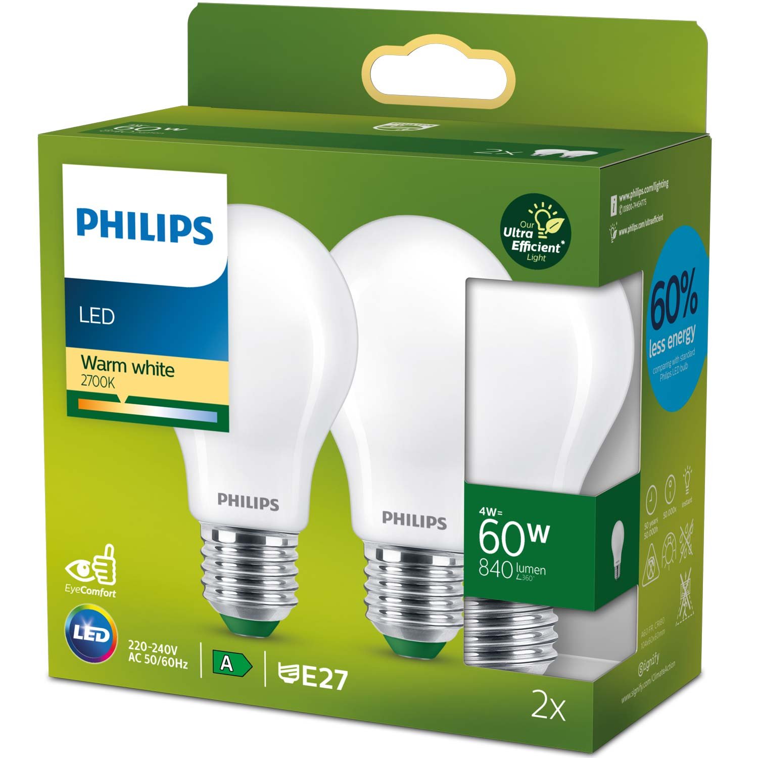 Läs mer om Philips 2-pack LED E27 Normal 4W